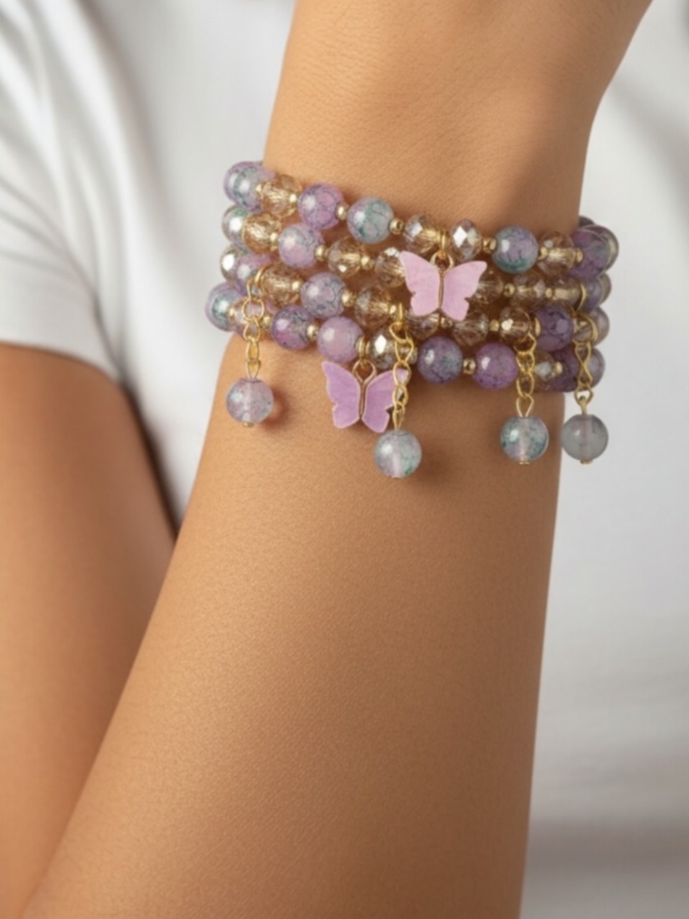 Purple Glass Bead Stretch Bracelets with Butterflies Set of Three $15